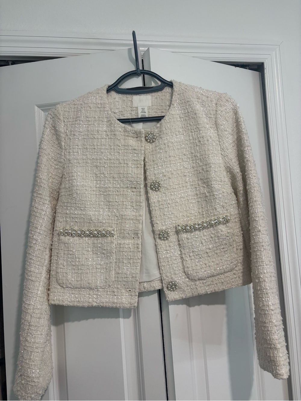 H&M Cream Tweed Pearl-Trim Cropped Jacket